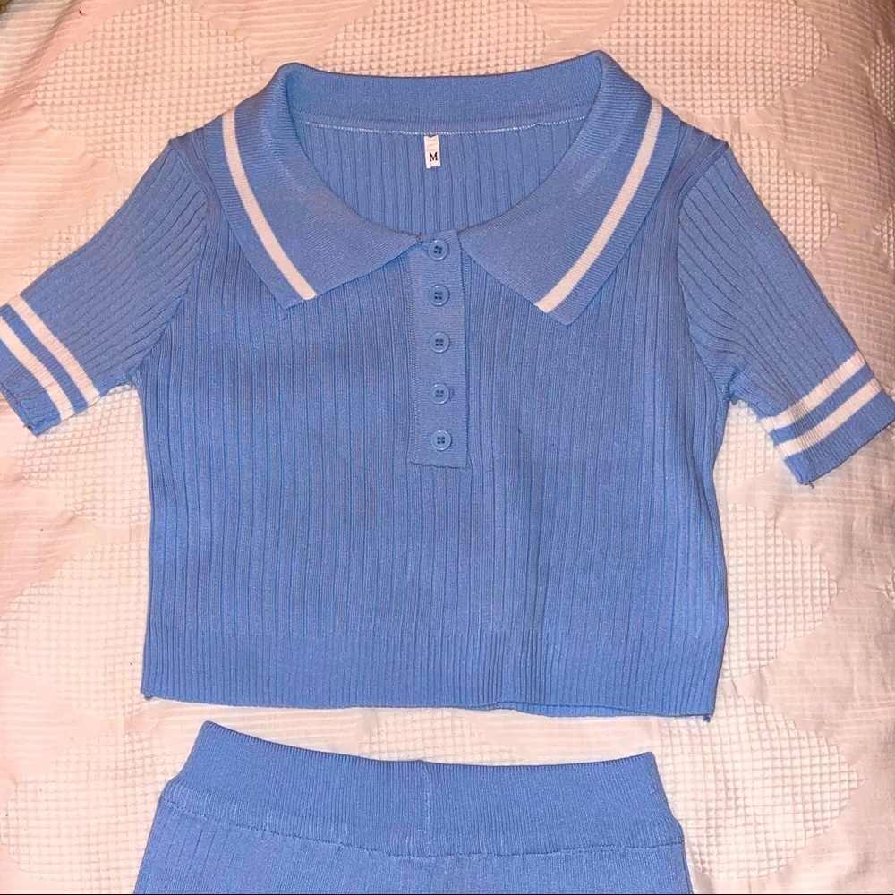Blue Collar Buttoned Knit & Shorts Set-2 Piece set